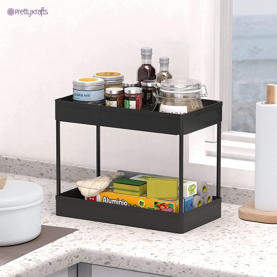 2-Tier Slim Slide-Out Storage Rack with Wheels – Space-Saving Trolley Shelf for Kitchen, Bathroom & More (Black)