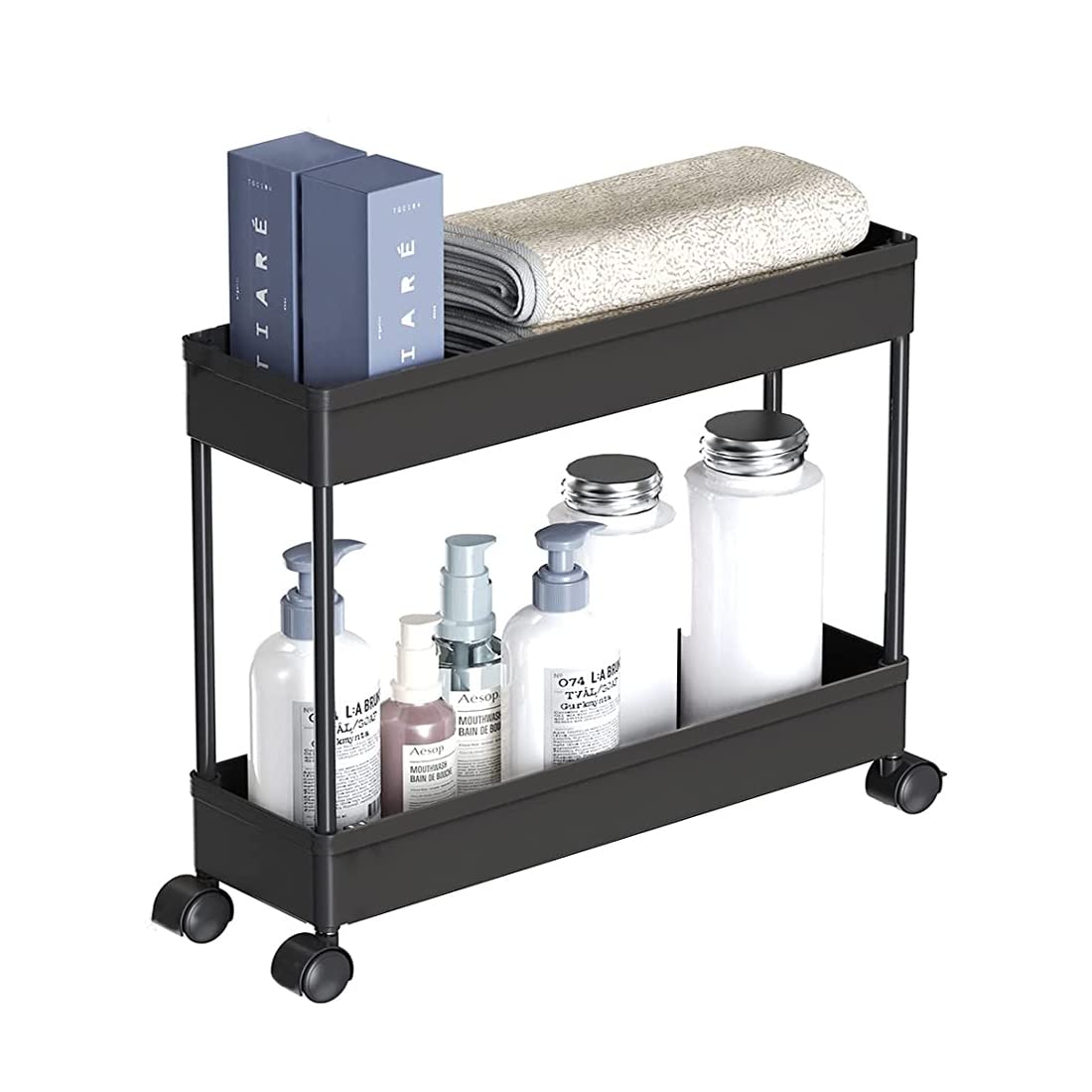 2-Tier Slim Slide-Out Storage Rack with Wheels – Space-Saving Trolley Shelf for Kitchen, Bathroom & More (Black)