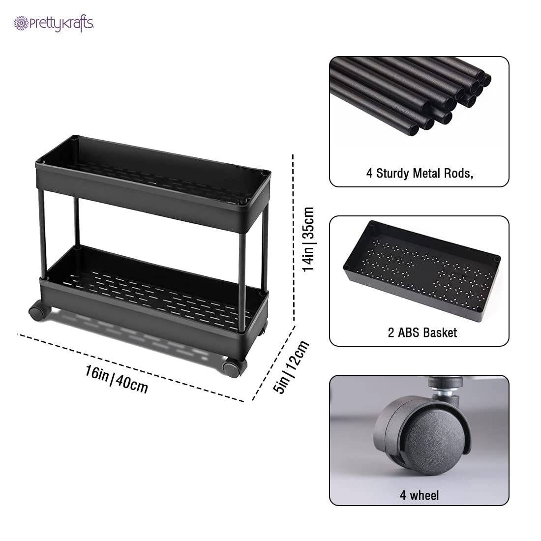 2-Tier Slim Slide-Out Storage Rack with Wheels – Space-Saving Trolley Shelf for Kitchen, Bathroom & More (Black)