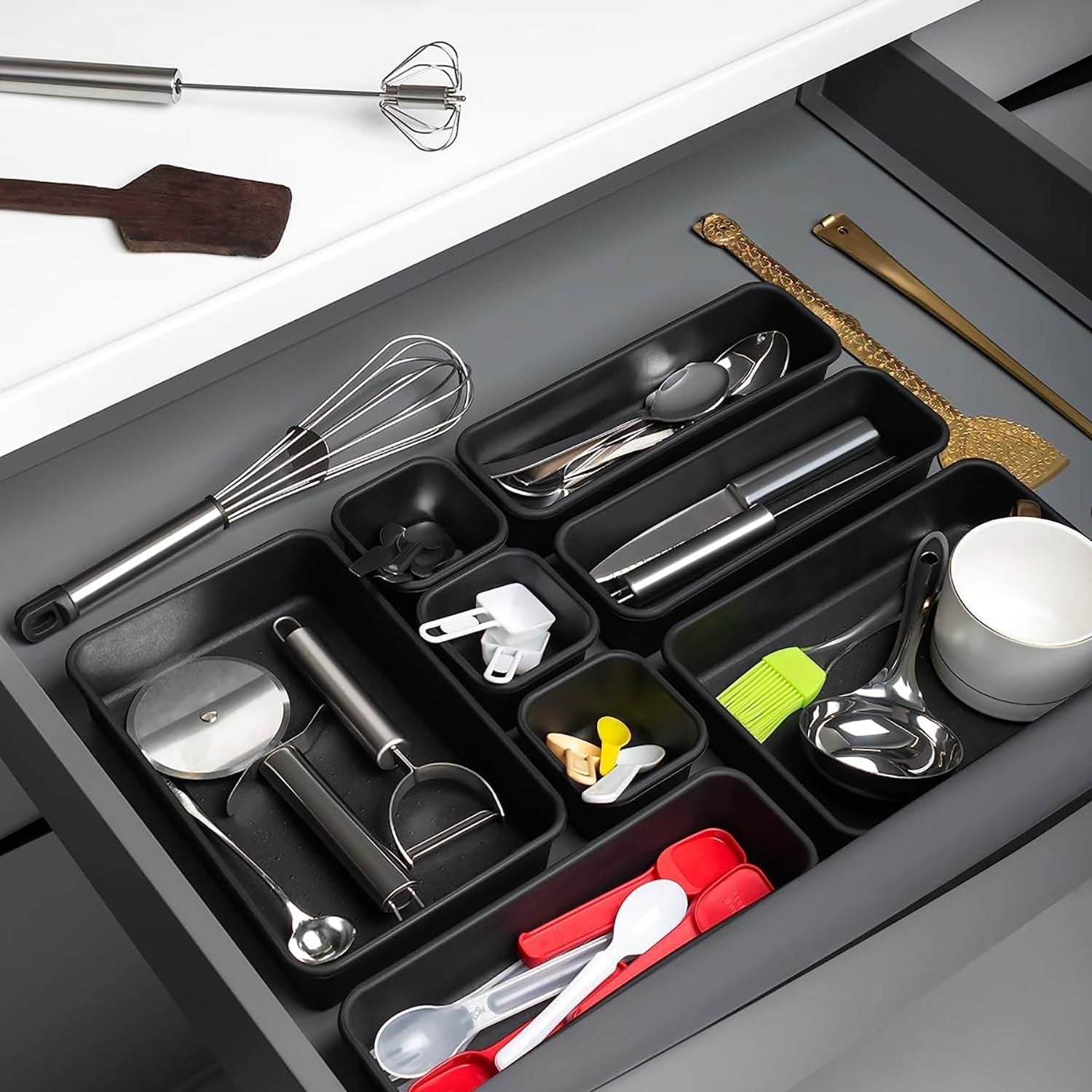 8pcs Interlocking Desk Drawer Organizer Set – Versatile Plastic Storage Trays for Kitchen, Office & Bathroom
